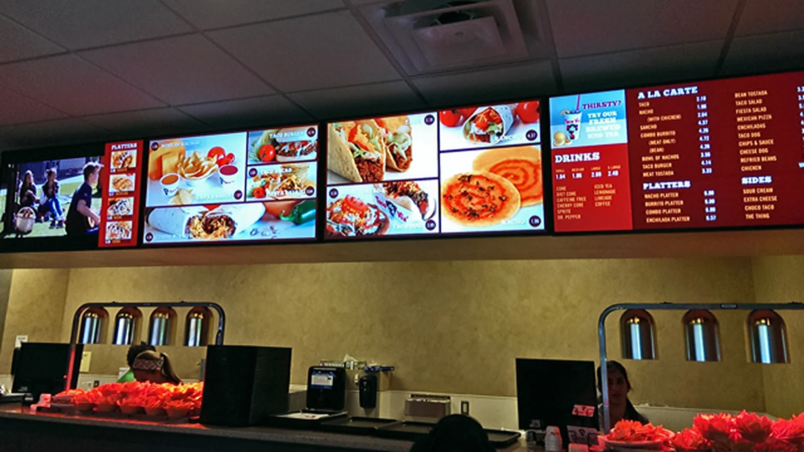 Restaurant digital menu board with food items and prices